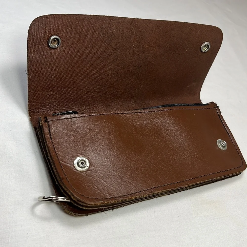 Biker Wallet Brown Leather Fold Over with Snaps
